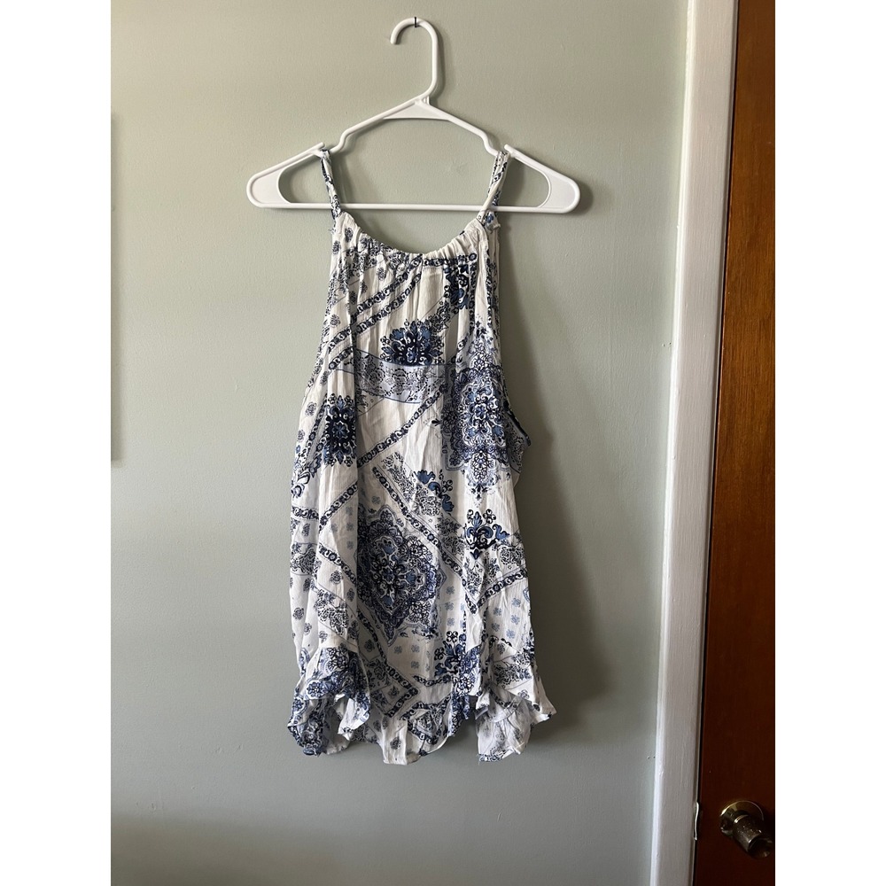 Maurices Halter Top Hankerchief Hem Paisley Floral Blue White Ruffle Women Sz 2X